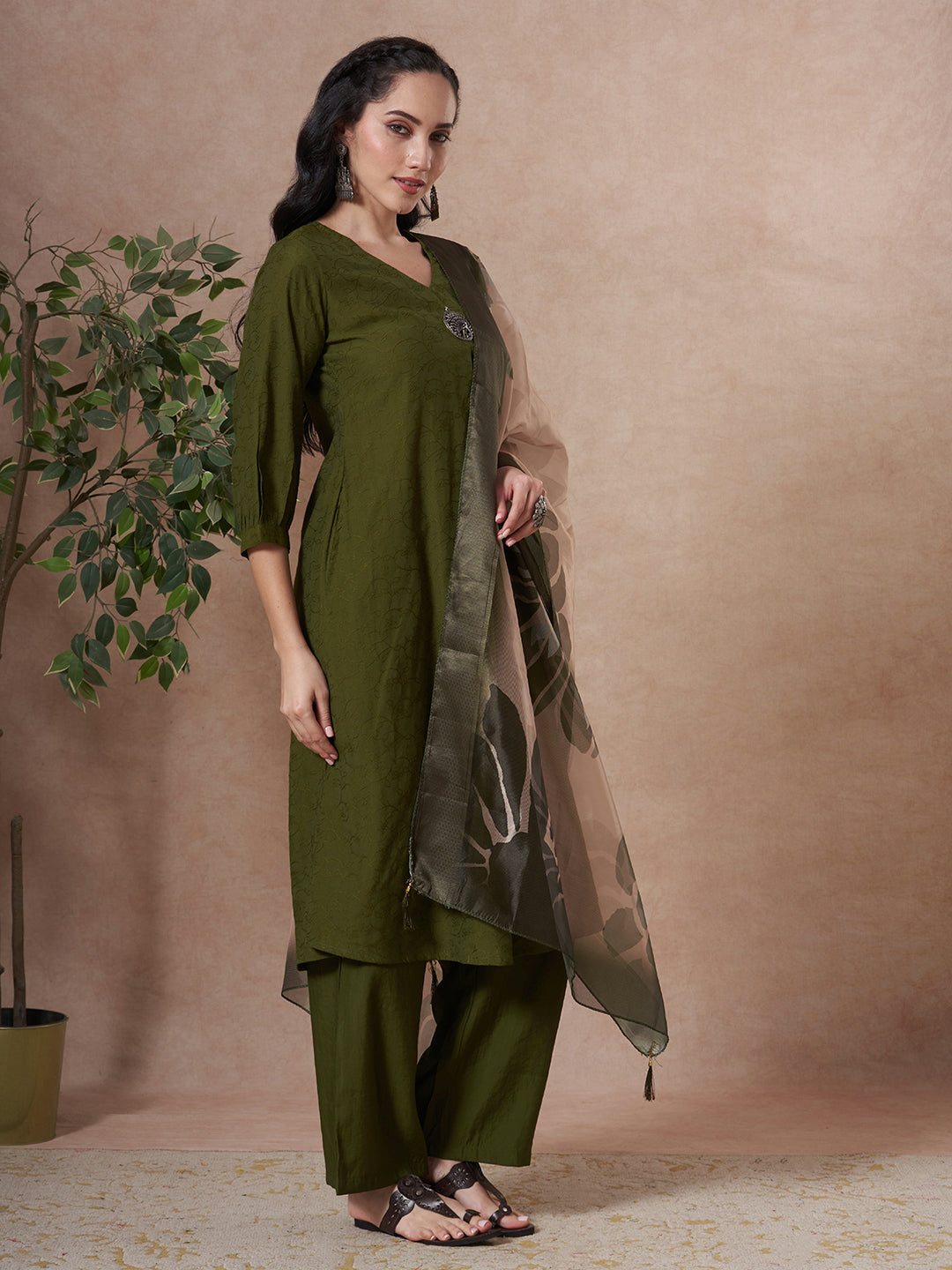 Solid Floral Embroidered A-Line Kurta with Palazzo & Dupatta - Green