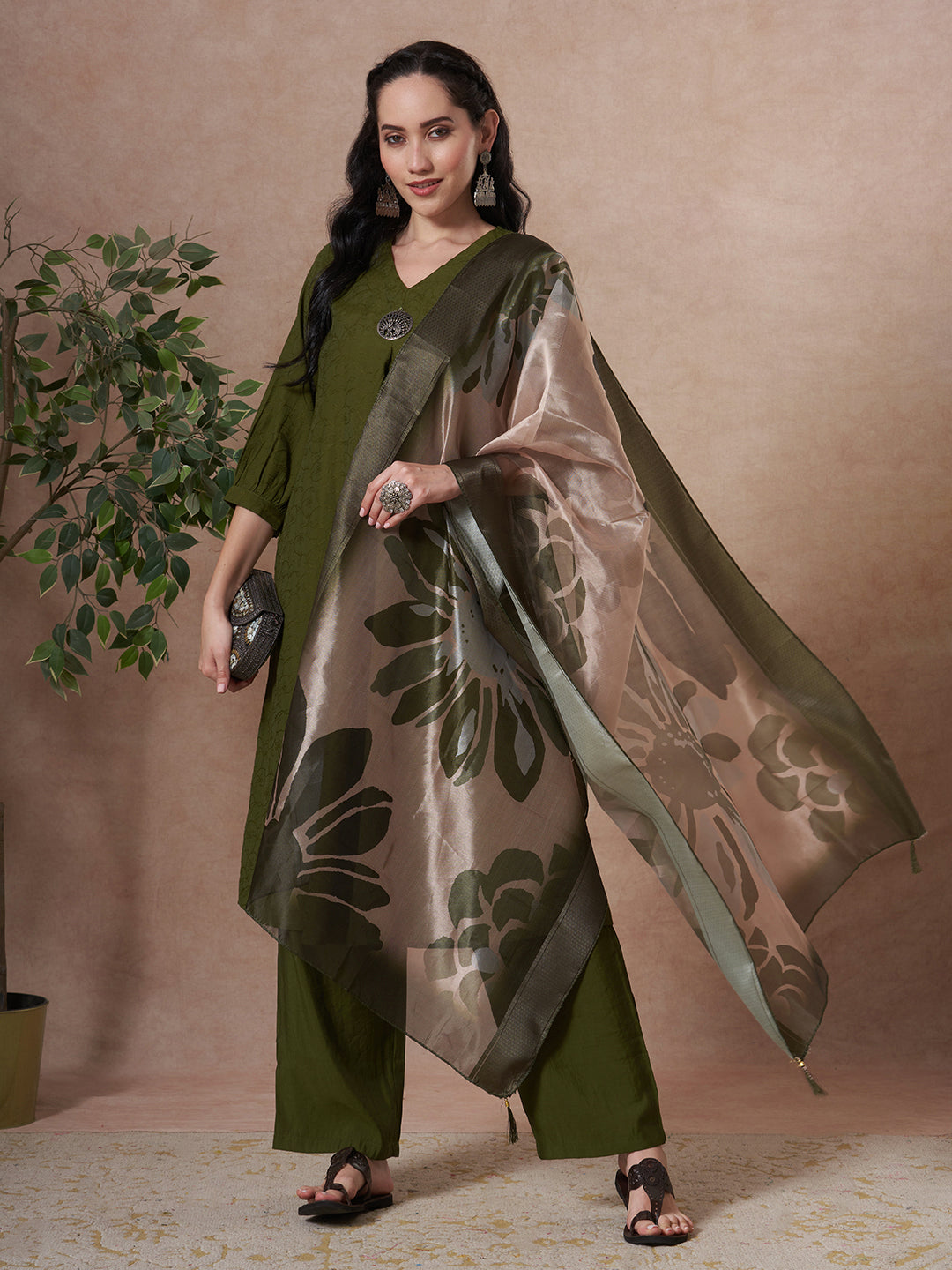 Solid Floral Embroidered A-Line Kurta with Palazzo & Dupatta - Green