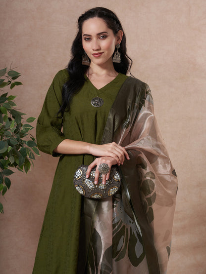 Solid Floral Embroidered A-Line Kurta with Palazzo & Dupatta - Green