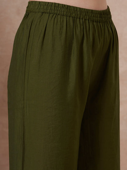 Solid Floral Embroidered A-Line Kurta with Palazzo & Dupatta - Green