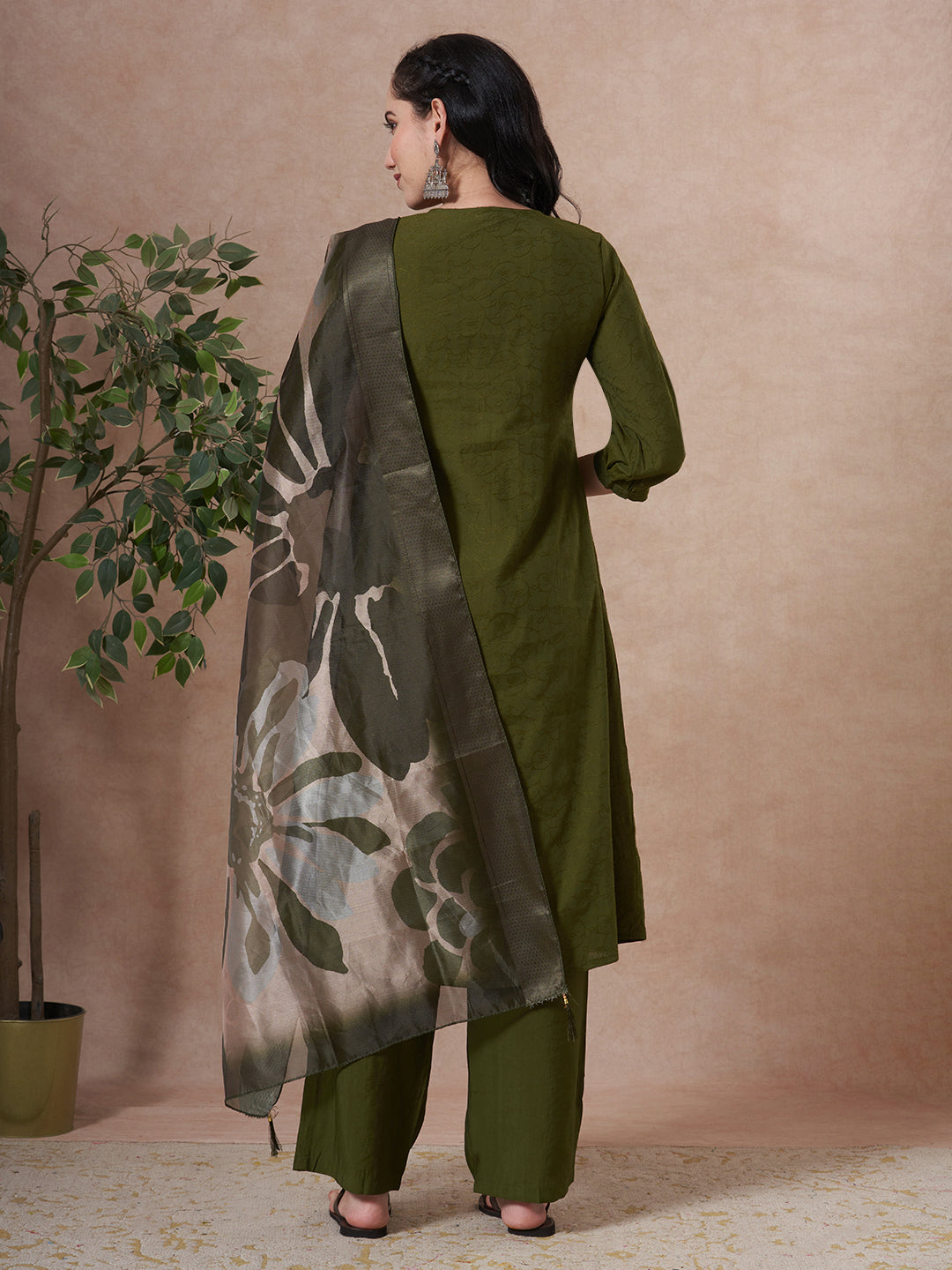 Solid Floral Embroidered A-Line Kurta with Palazzo & Dupatta - Green