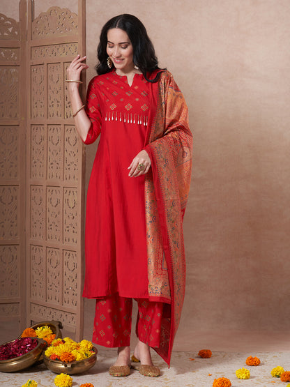 Ethnic Foil Printed A-Line Paneled Kurta with Pant & Dupatta - Red