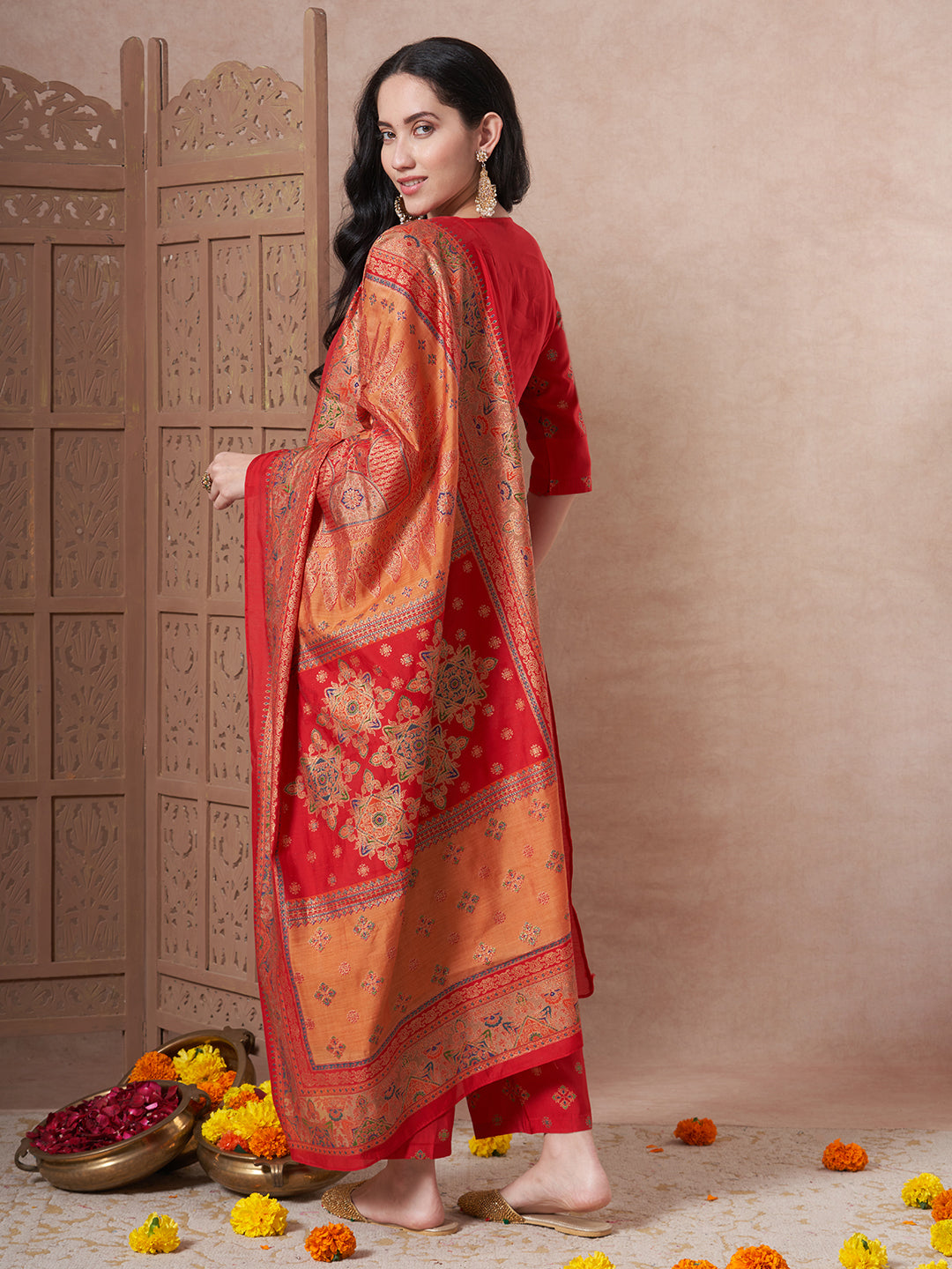 Ethnic Foil Printed A-Line Paneled Kurta with Pant & Dupatta - Red