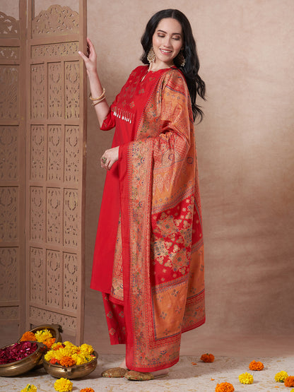 Ethnic Foil Printed A-Line Paneled Kurta with Pant & Dupatta - Red