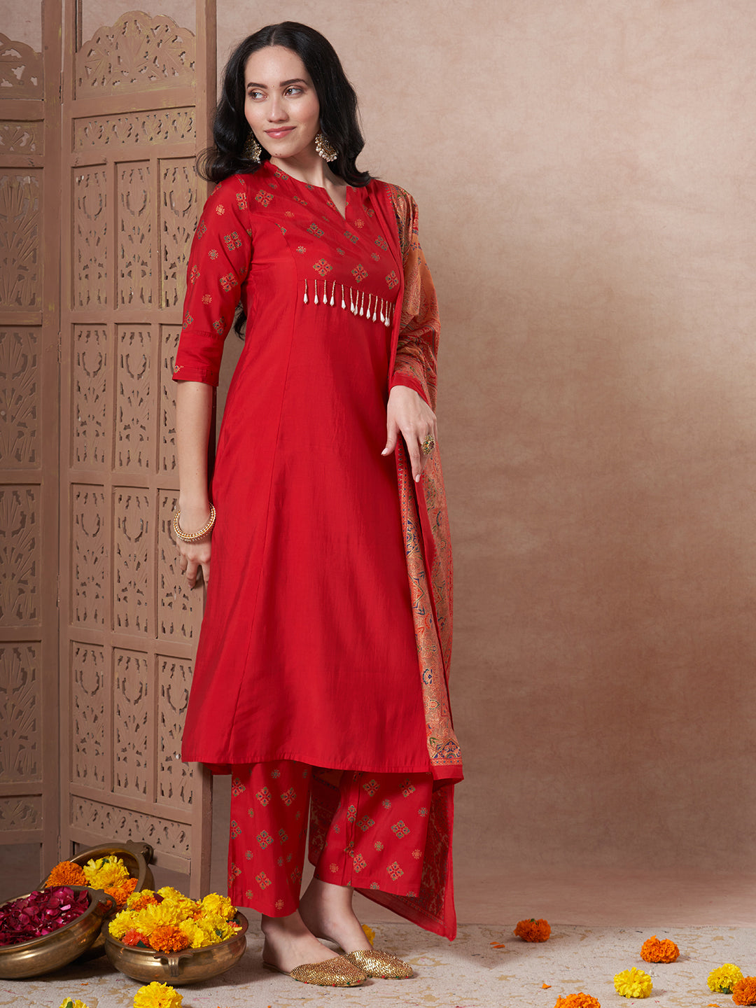 Ethnic Foil Printed A-Line Paneled Kurta with Pant & Dupatta - Red