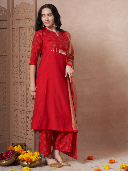 Ethnic Foil Printed A-Line Paneled Kurta with Pant & Dupatta - Red