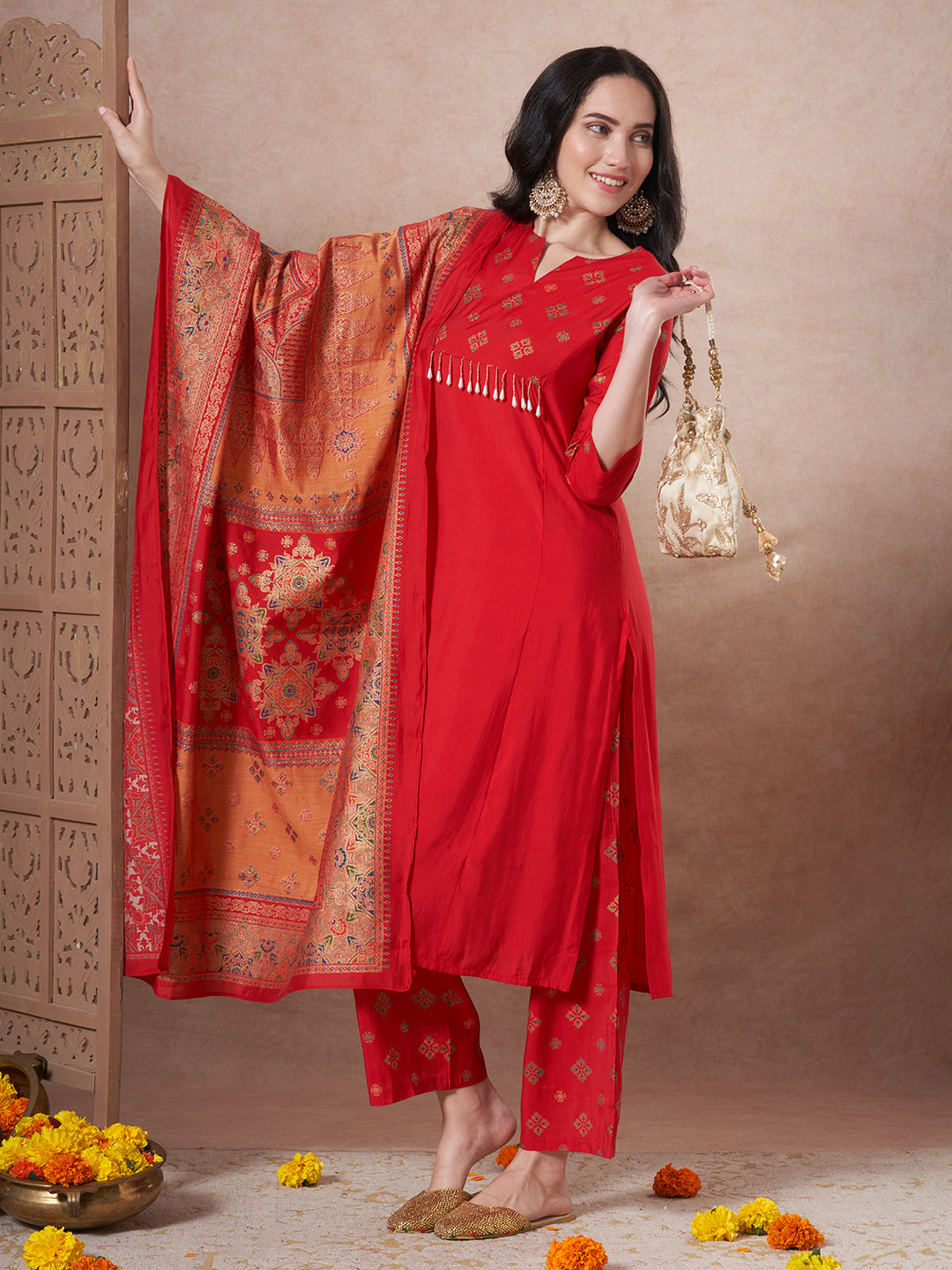 Ethnic Foil Printed A-Line Paneled Kurta with Pant & Dupatta - Red