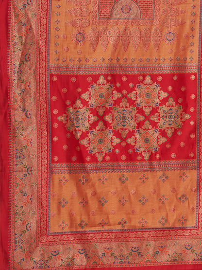 Ethnic Foil Printed A-Line Paneled Kurta with Pant & Dupatta - Red