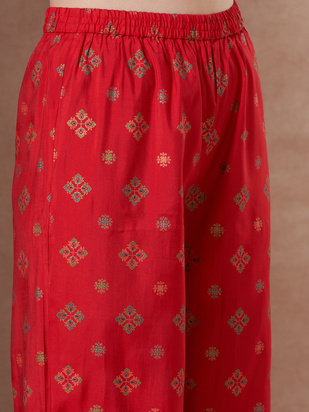 Ethnic Foil Printed A-Line Paneled Kurta with Pant & Dupatta - Red