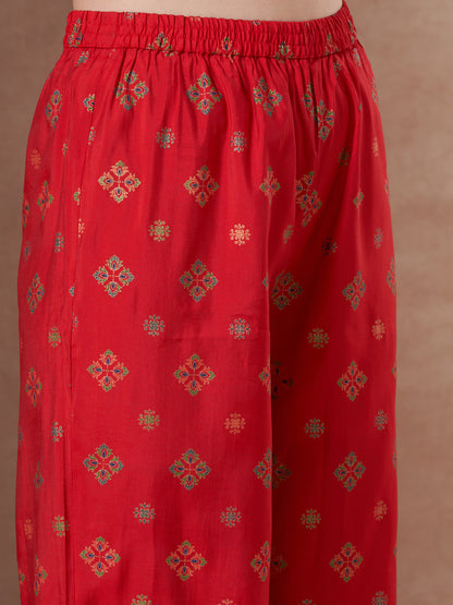 Ethnic Foil Printed A-Line Paneled Kurta with Pant & Dupatta - Red