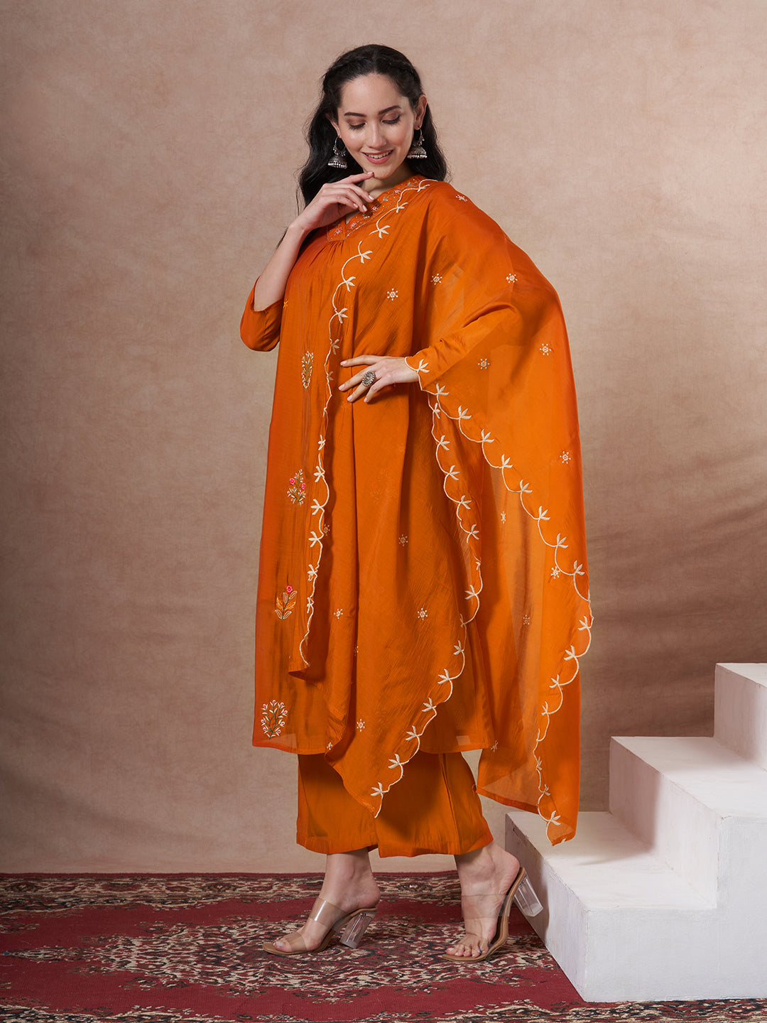 Festive Zari Embroidered A-Line Kurta with Palazzo and Dupatta - Orange