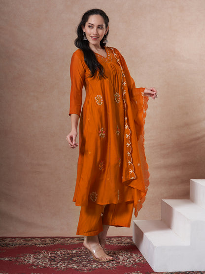 Festive Zari Embroidered A-Line Kurta with Palazzo and Dupatta - Orange