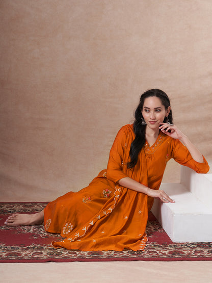 Festive Zari Embroidered A-Line Kurta with Palazzo and Dupatta - Orange