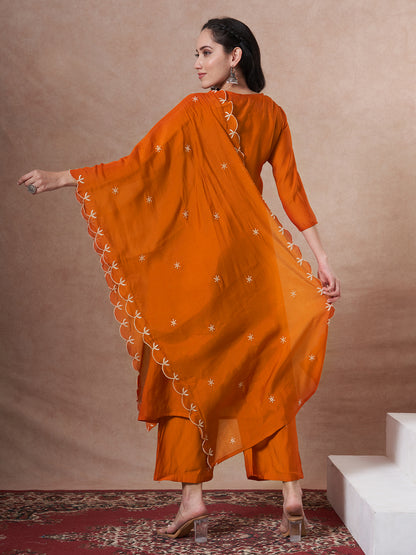 Festive Zari Embroidered A-Line Kurta with Palazzo and Dupatta - Orange