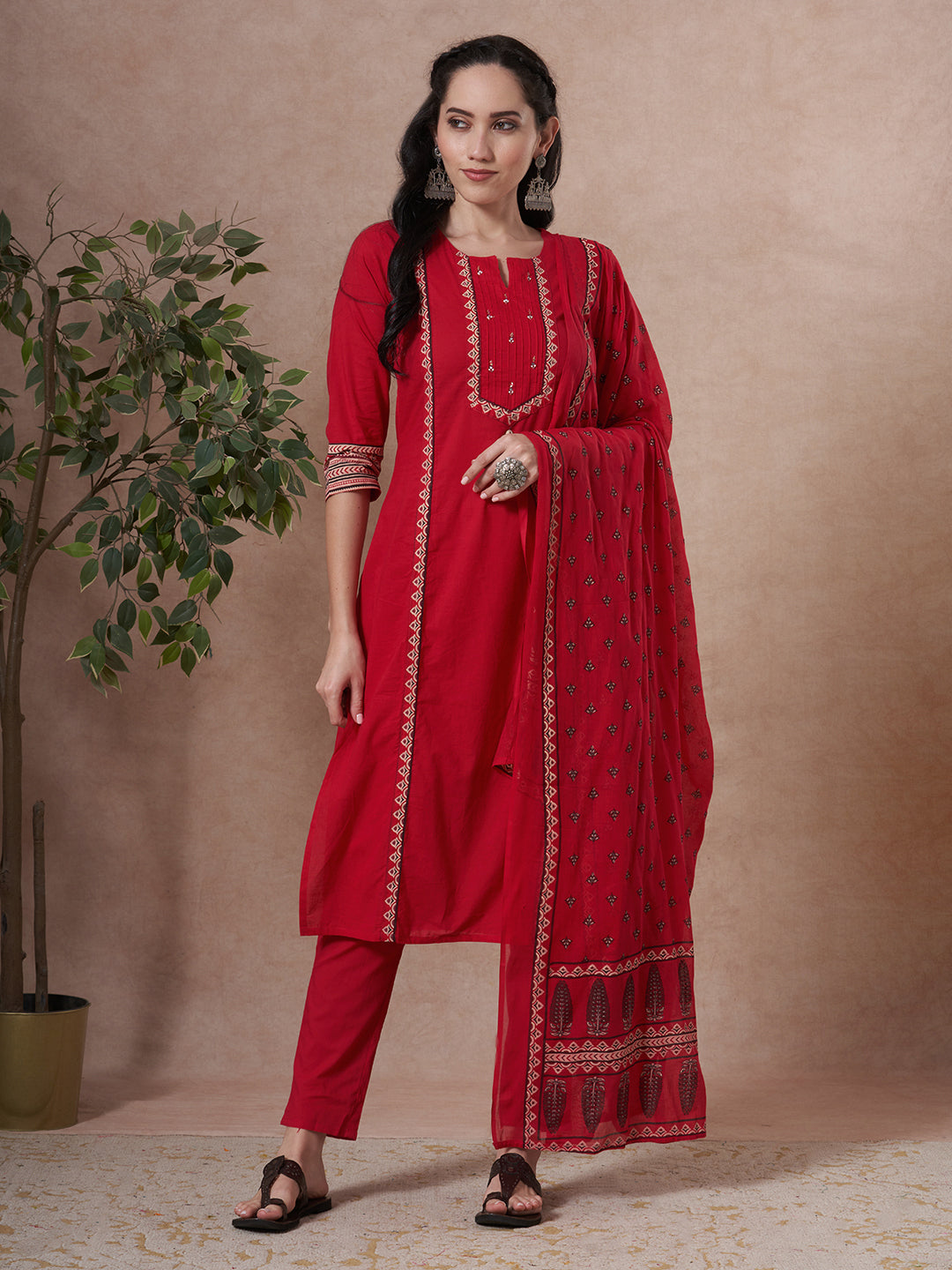 Ethnic Floral Printed & Embroidered Straight Kurta with Pant & Dupatta - Rani