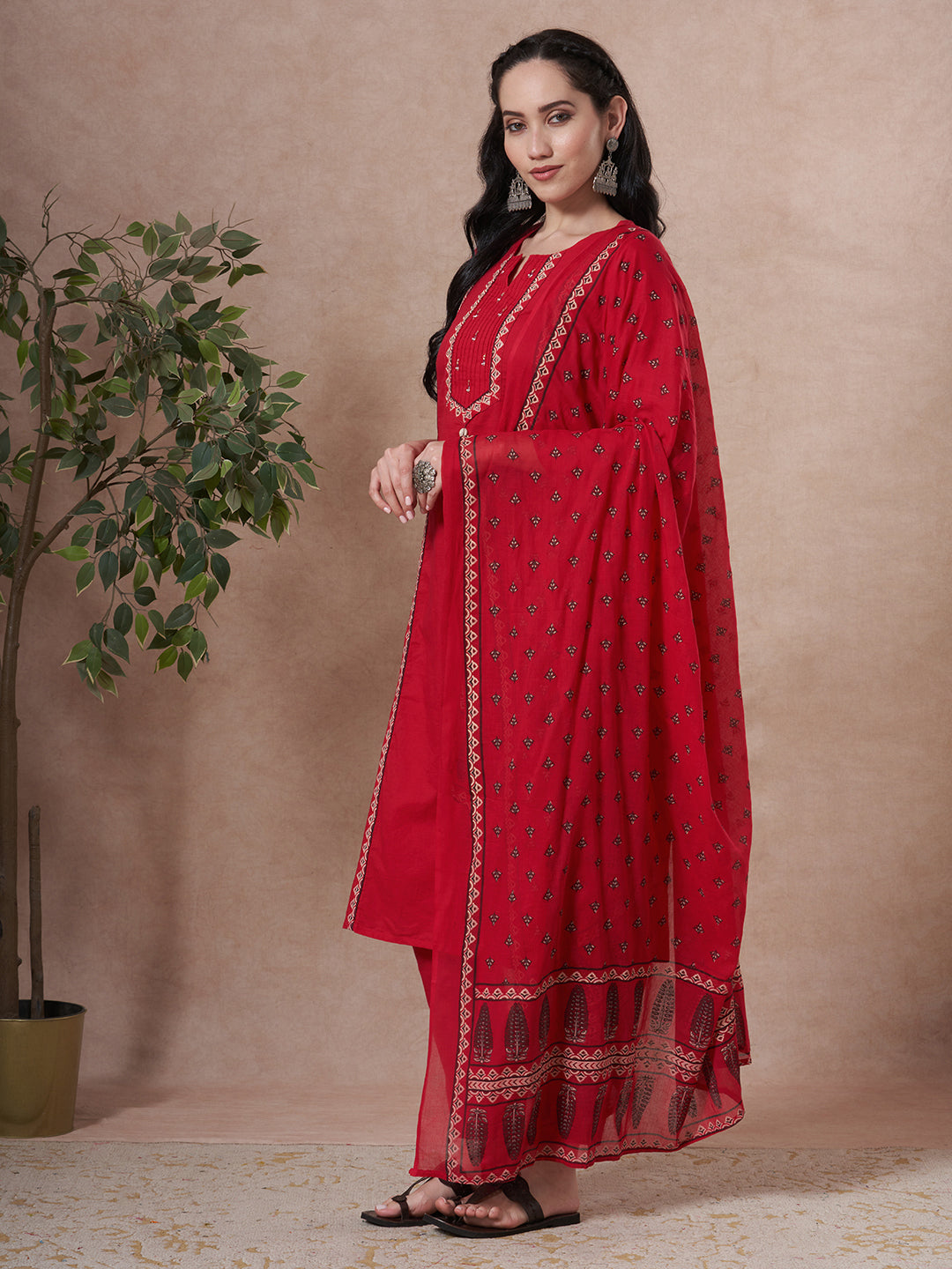 Ethnic Floral Printed & Embroidered Straight Kurta with Pant & Dupatta - Rani