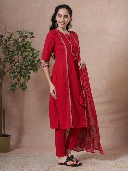Ethnic Floral Printed & Embroidered Straight Kurta with Pant & Dupatta - Rani