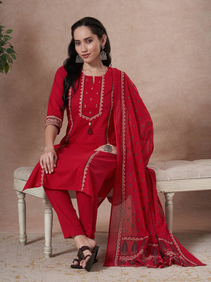 Ethnic Floral Printed & Embroidered Straight Kurta with Pant & Dupatta - Rani