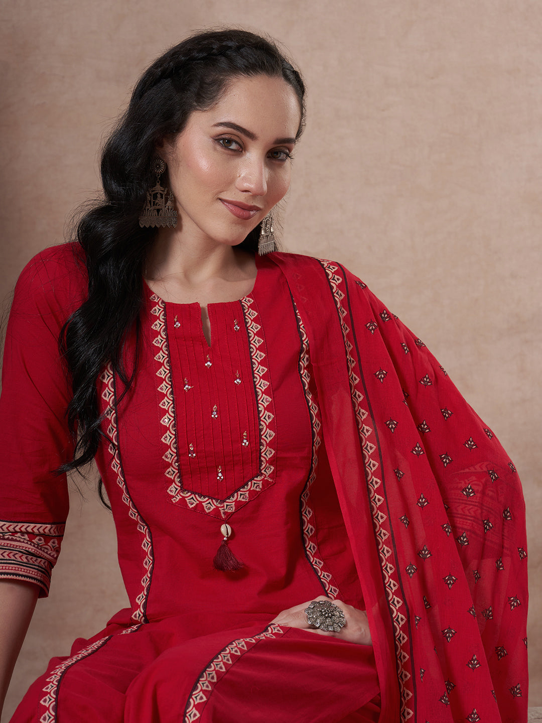 Ethnic Floral Printed & Embroidered Straight Kurta with Pant & Dupatta - Rani