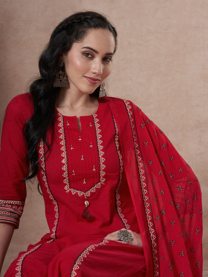 Ethnic Floral Printed & Embroidered Straight Kurta with Pant & Dupatta - Rani