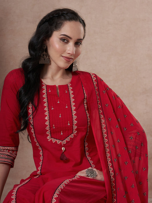 Ethnic Floral Printed & Embroidered Straight Kurta with Pant & Dupatta - Rani