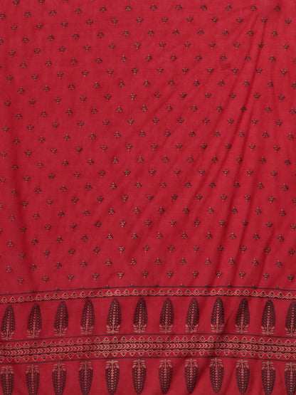 Ethnic Floral Printed & Embroidered Straight Kurta with Pant & Dupatta - Rani
