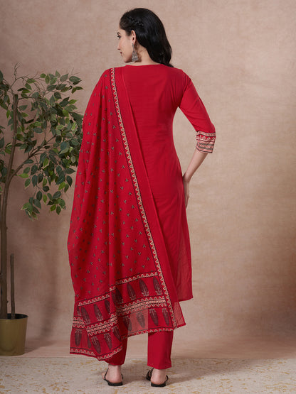 Ethnic Floral Printed & Embroidered Straight Kurta with Pant & Dupatta - Rani