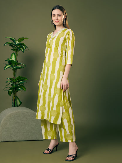 Ethnic Stripes Printed Straight Fit Co-ord Set - Green