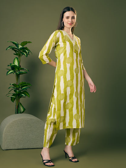 Ethnic Stripes Printed Straight Fit Co-ord Set - Green