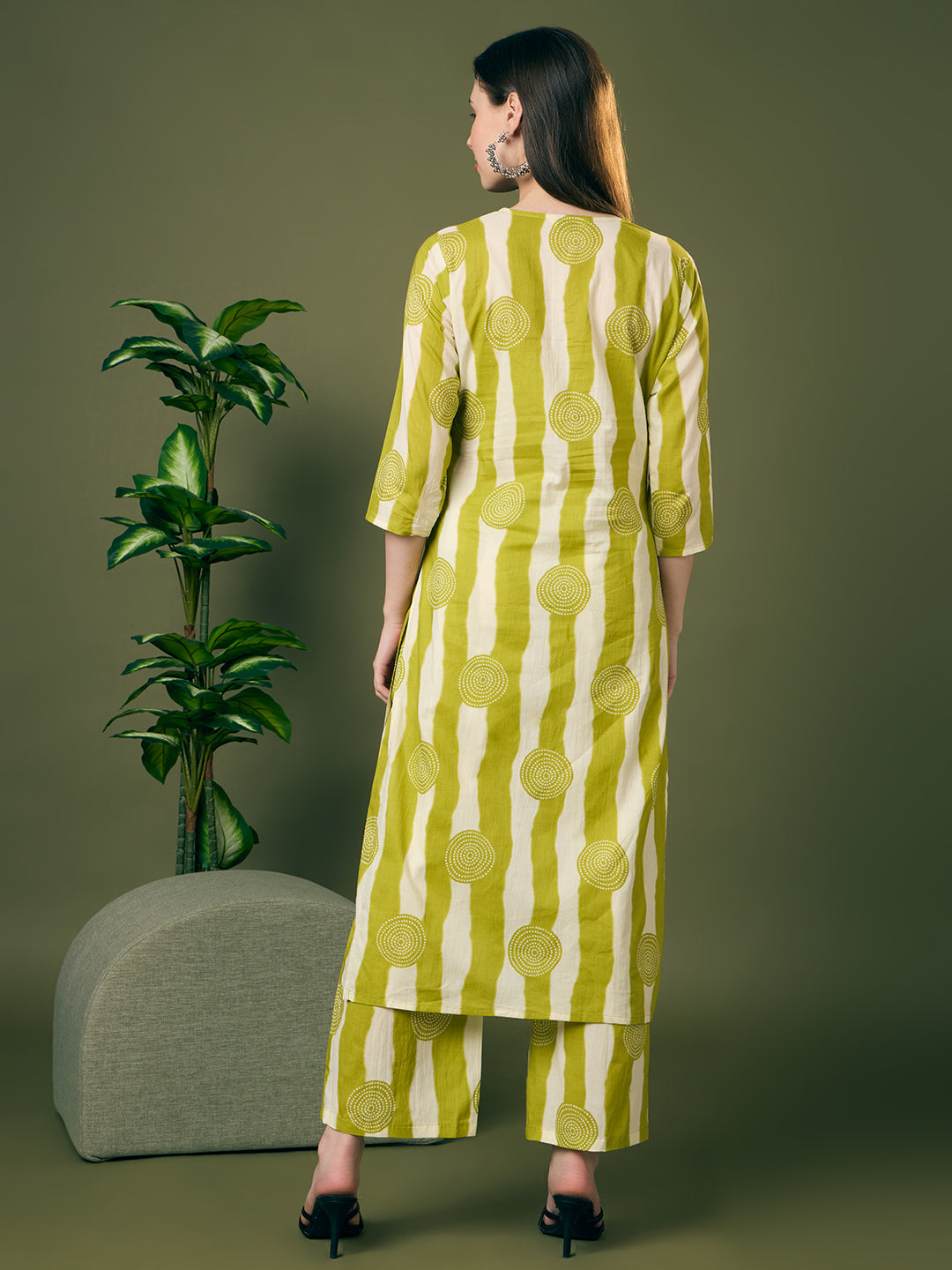 Ethnic Stripes Printed Straight Fit Co-ord Set - Green