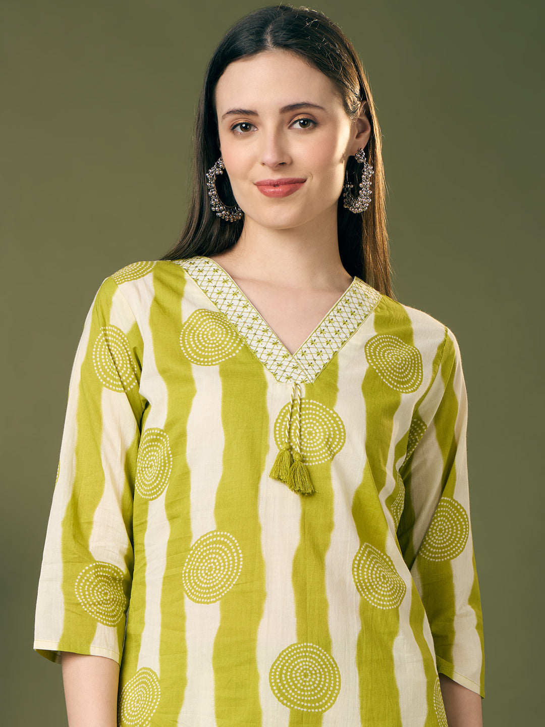 Ethnic Stripes Printed Straight Fit Co-ord Set - Green