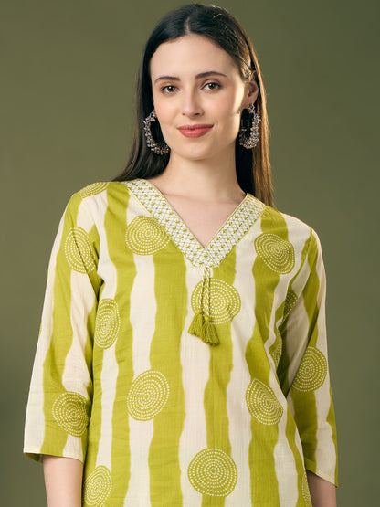 Ethnic Stripes Printed Straight Fit Co-ord Set - Green