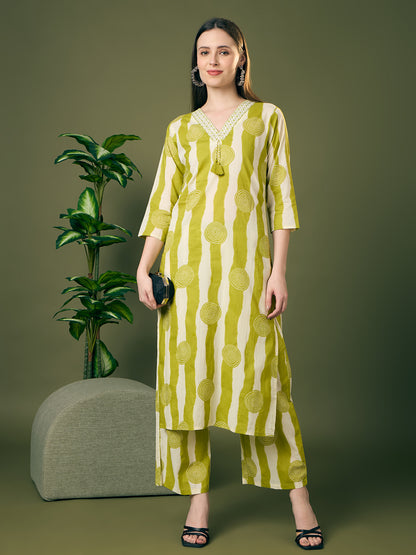 Ethnic Stripes Printed Straight Fit Co-ord Set - Green