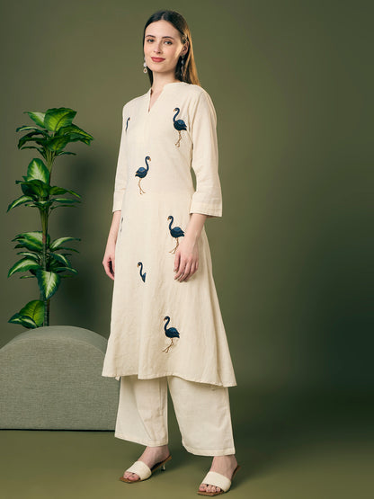 Solid Ostrich Threadwork Embroidered A-Line Co-ord Set - Off White