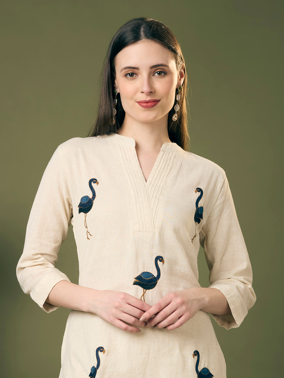 Solid Ostrich Threadwork Embroidered A-Line Co-ord Set - Off White