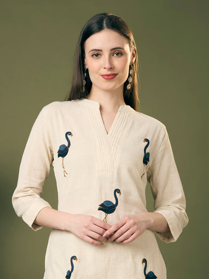 Solid Ostrich Threadwork Embroidered A-Line Co-ord Set - Off White