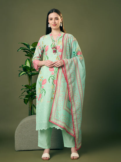 Abstract Floral Printed Schiffli Straight Kurta with Pant & Dupatta - Green