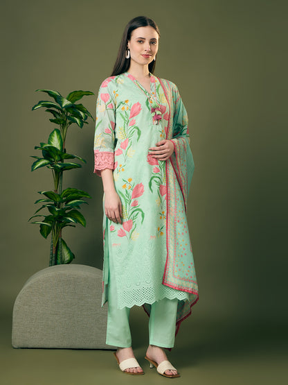 Abstract Floral Printed Schiffli Straight Kurta with Pant & Dupatta - Green