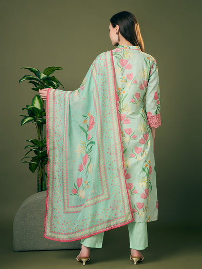Abstract Floral Printed Schiffli Straight Kurta with Pant & Dupatta - Green