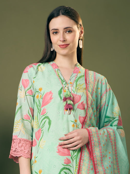 Abstract Floral Printed Schiffli Straight Kurta with Pant & Dupatta - Green