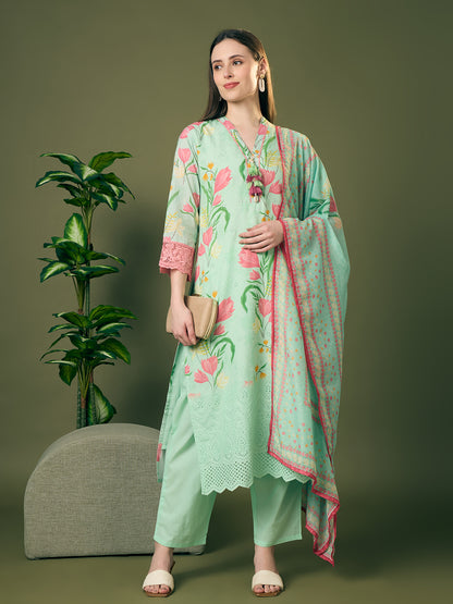 Abstract Floral Printed Schiffli Straight Kurta with Pant & Dupatta - Green