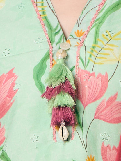 Abstract Floral Printed Schiffli Straight Kurta with Pant & Dupatta - Green