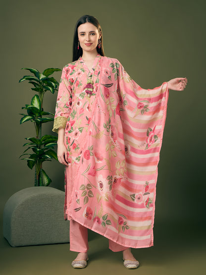 Abstract Floral Printed Schiffli Straight Kurta with Pant & Dupatta - Pink