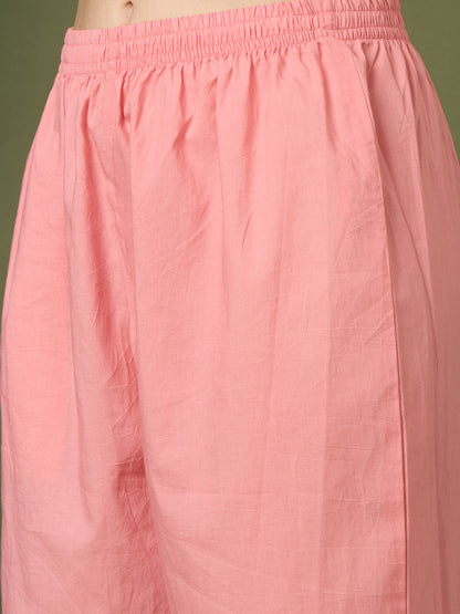 Abstract Floral Printed Schiffli Straight Kurta with Pant & Dupatta - Pink