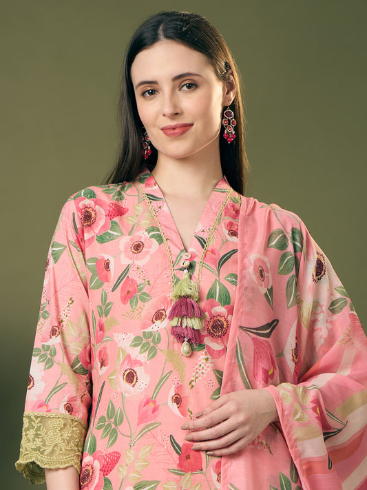 Abstract Floral Printed Schiffli Straight Kurta with Pant & Dupatta - Pink