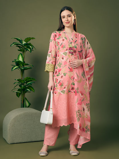 Abstract Floral Printed Schiffli Straight Kurta with Pant & Dupatta - Pink