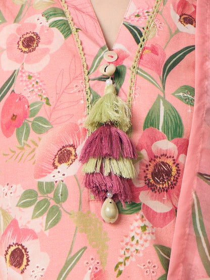 Abstract Floral Printed Schiffli Straight Kurta with Pant & Dupatta - Pink