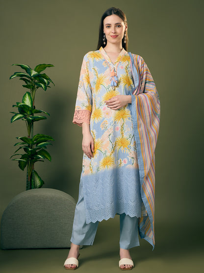 Abstract Floral Printed Schiffli Straight Kurta with Pant & Dupatta - Blue
