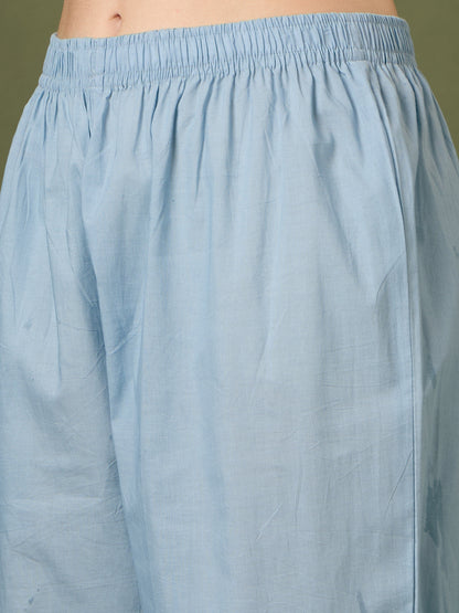 Abstract Floral Printed Schiffli Straight Kurta with Pant & Dupatta - Blue