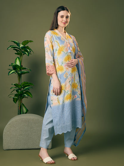 Abstract Floral Printed Schiffli Straight Kurta with Pant & Dupatta - Blue